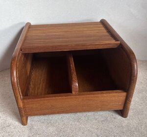 Mid Century Tambour Roll Top Teak Desk Box Organizer Diskette Tape Card MCM AAA